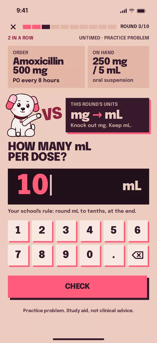 Pharm Pup app screen: round 3 of 10, the pup faces an amoxicillin order and the answer 10 mL is typed in